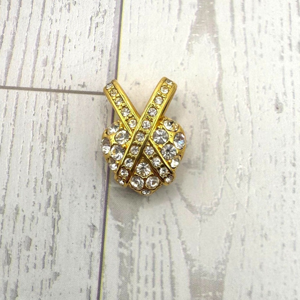 Vintage Gold Tone Rhinestone Heart Pendant Pavé Crystal Love Jewelry